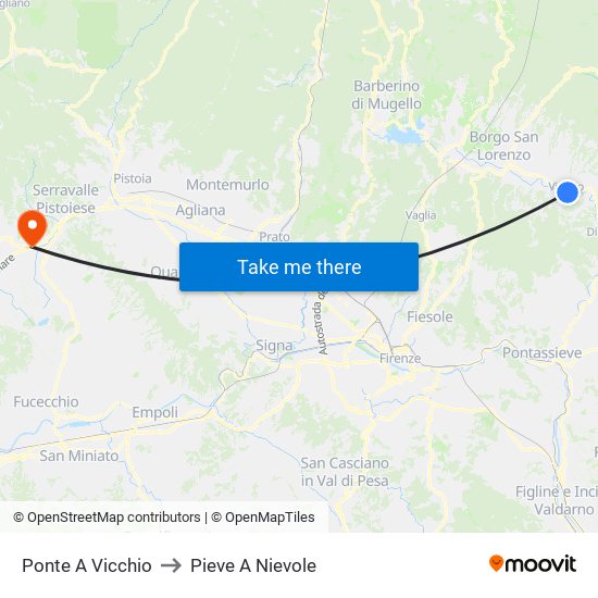 Ponte A Vicchio to Pieve A Nievole map