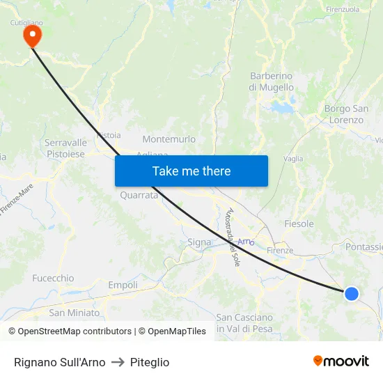 Rignano Sull'Arno to Piteglio map