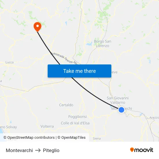 Montevarchi to Piteglio map