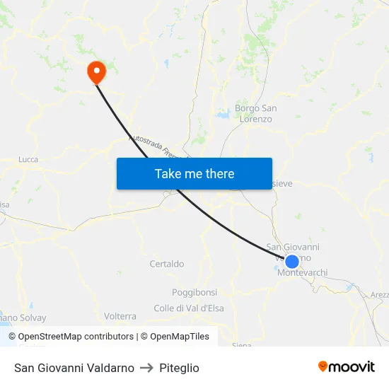 San Giovanni Valdarno to Piteglio map