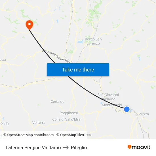Laterina Pergine Valdarno to Piteglio map