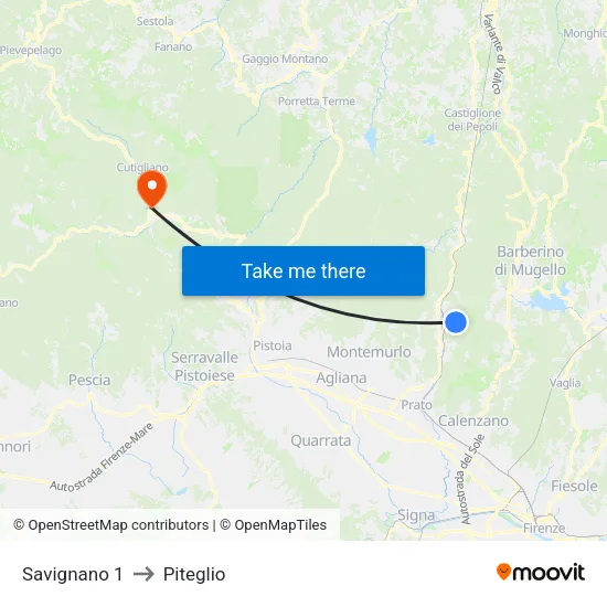 Savignano 1 to Piteglio map
