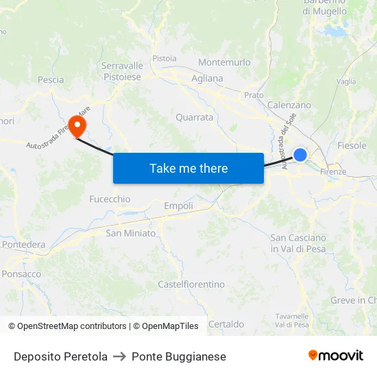 Deposito Peretola to Ponte Buggianese map