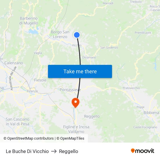 Le Buche Di Vicchio to Reggello map