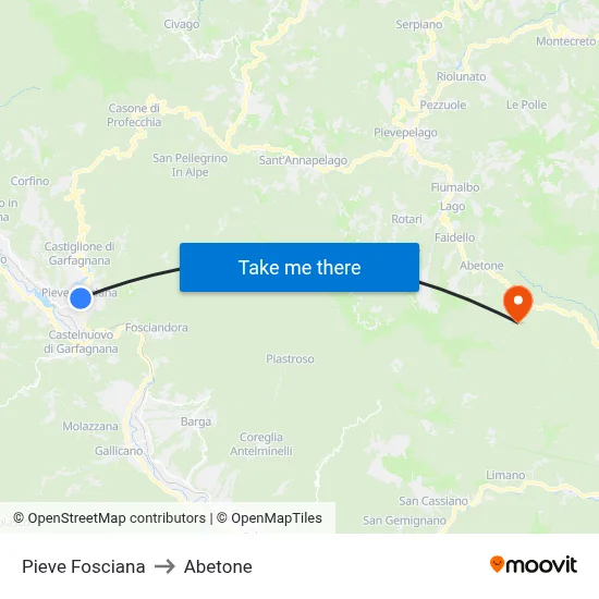 Pieve Fosciana to Abetone map