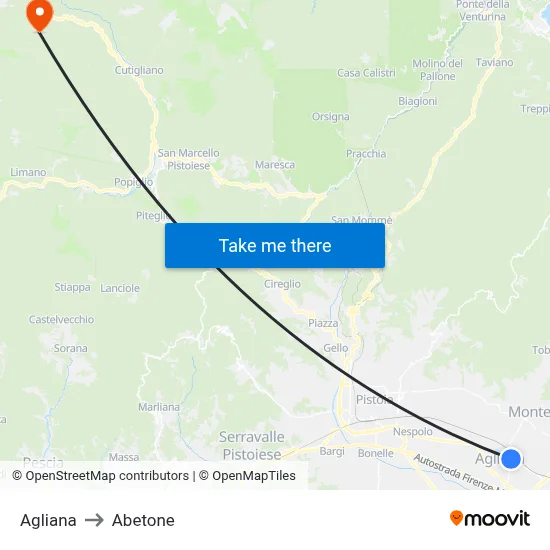 Agliana to Abetone map