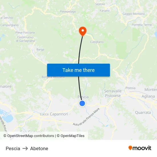 Pescia to Abetone map