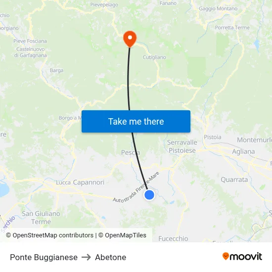 Ponte Buggianese to Abetone map