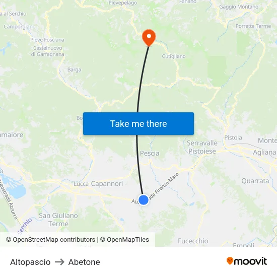 Altopascio to Abetone map