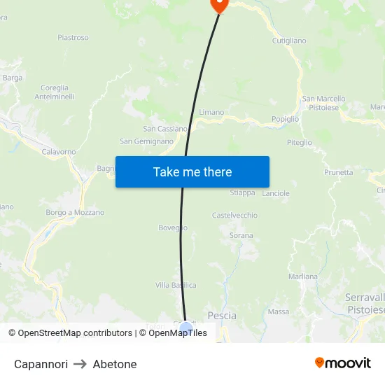 Capannori to Abetone map