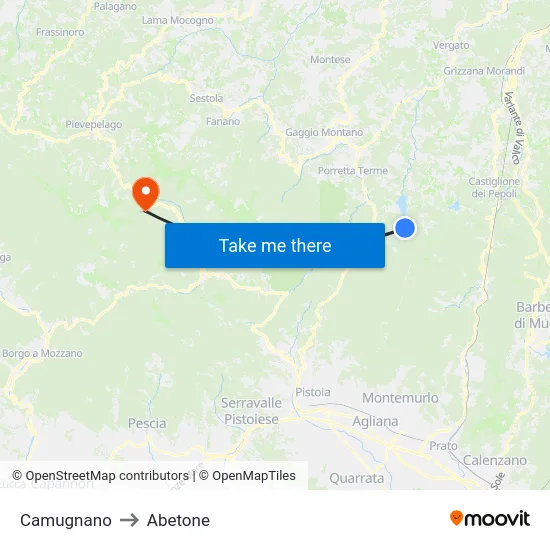 Camugnano to Abetone map