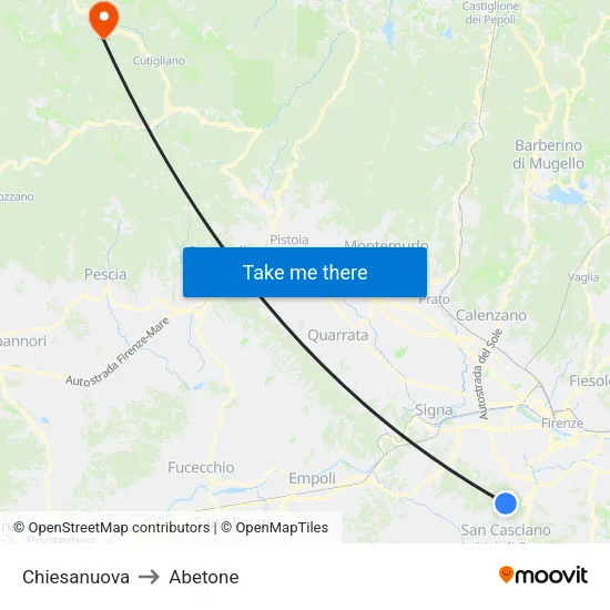 Chiesanuova to Abetone map