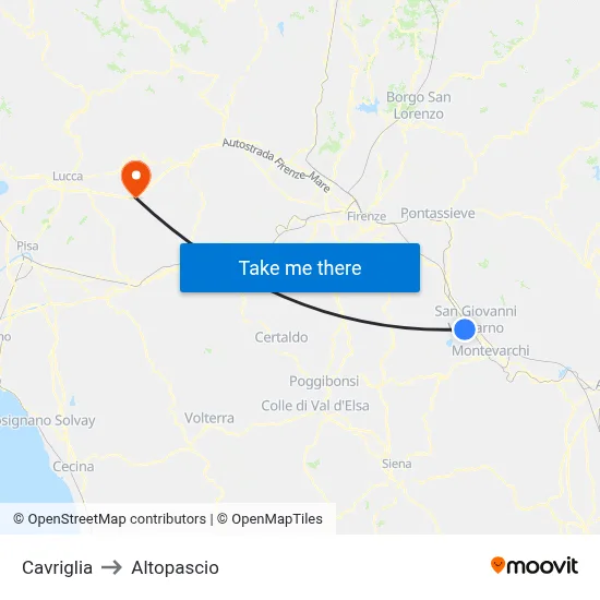 Cavriglia to Altopascio map