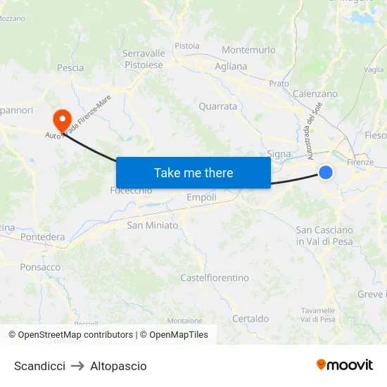 Scandicci to Altopascio map