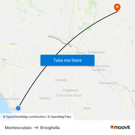 Montescudaio to Brisighella map