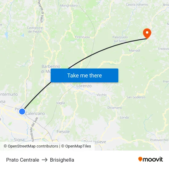 Prato Central to Brisighella map