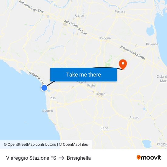 Viareggio Stazione FS to Brisighella map