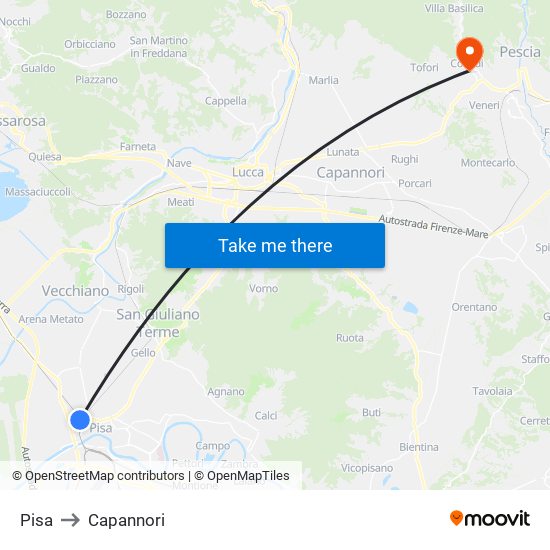 Pisa to Capannori map
