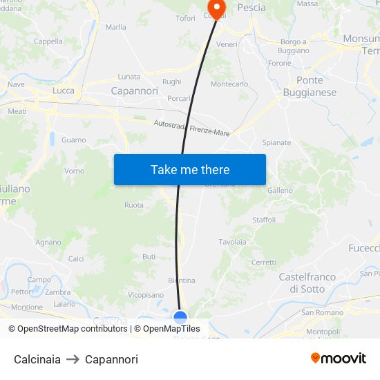 Calcinaia to Capannori map