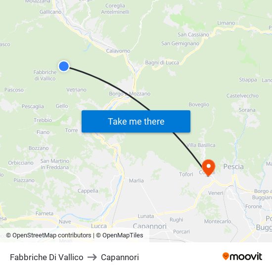 Fabbriche Di Vallico to Capannori map