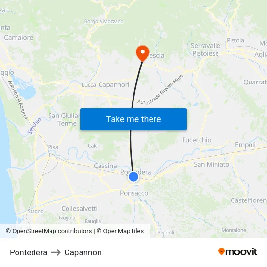 Pontedera to Capannori map