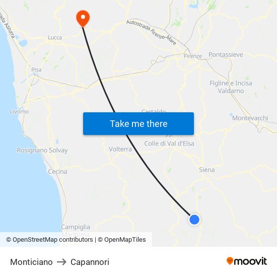 Monticiano to Capannori map