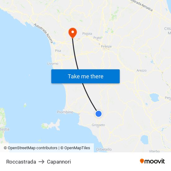 Roccastrada to Capannori map