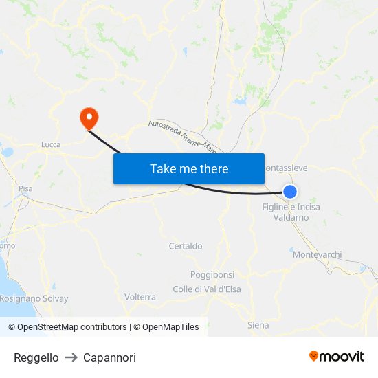 Reggello to Capannori map