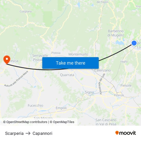 Scarperia to Capannori map