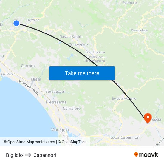 Bigliolo to Capannori map