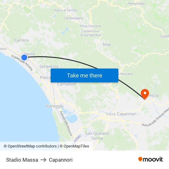 Stadio Massa to Capannori map