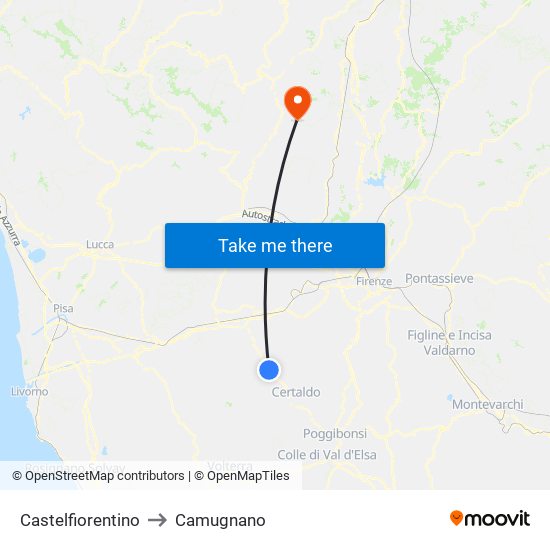 Castelfiorentino to Camugnano map