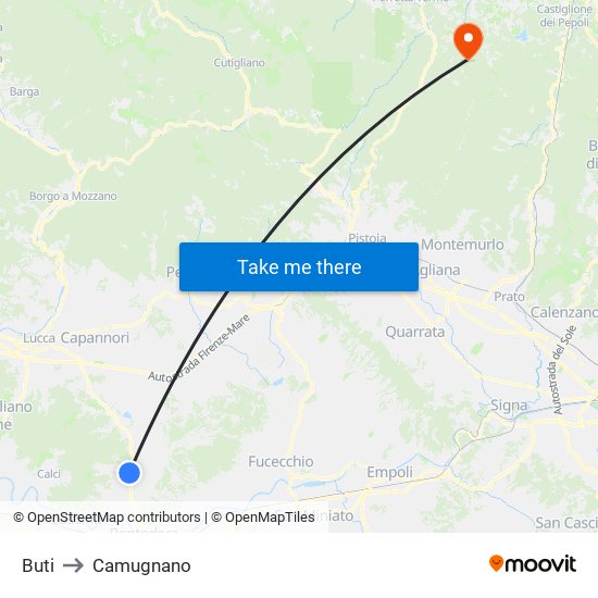 Buti to Camugnano map