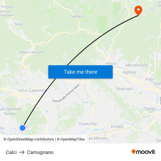 Calci to Camugnano map