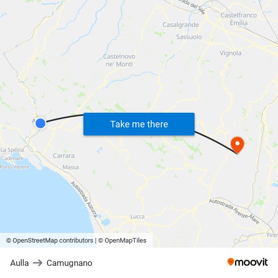 Aulla to Camugnano map