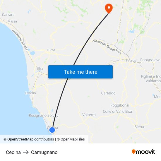 Cecina to Camugnano map
