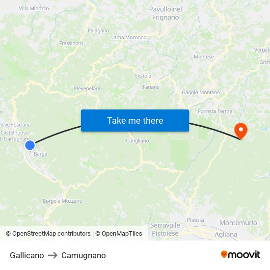 Gallicano to Camugnano map