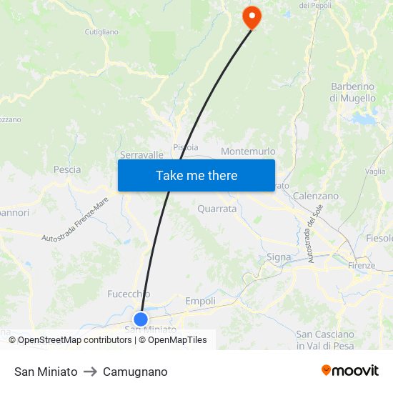 San Miniato to Camugnano map