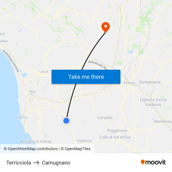 Terricciola to Camugnano map