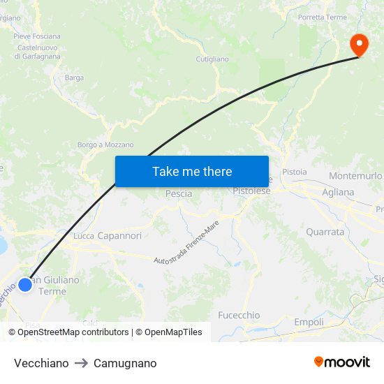 Vecchiano to Camugnano map