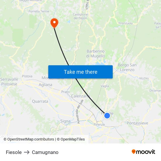 Fiesole to Camugnano map