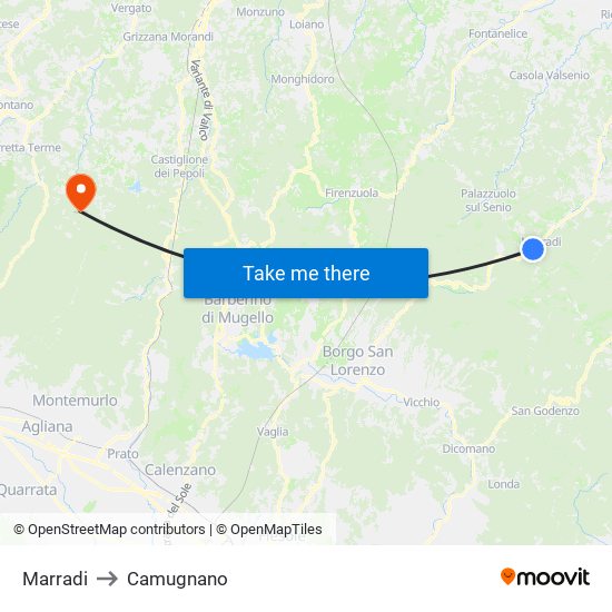 Marradi to Camugnano map