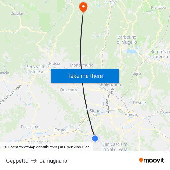 Geppetto to Camugnano map