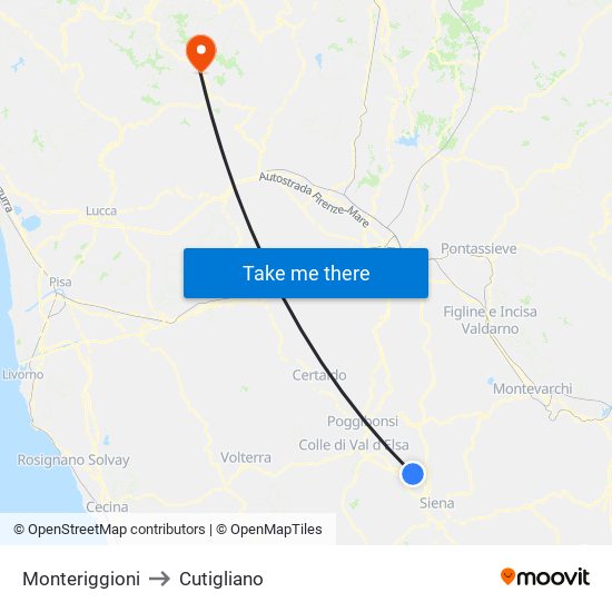 Monteriggioni to Cutigliano map