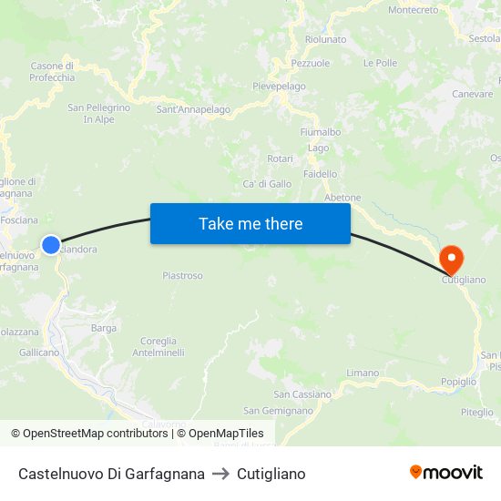 Castelnuovo Di Garfagnana to Cutigliano map