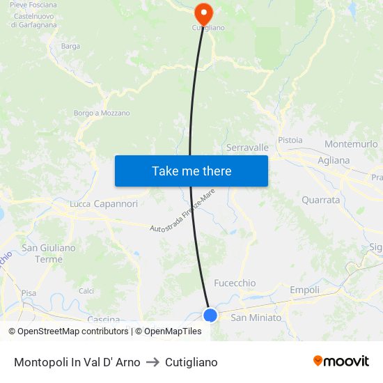 Montopoli In Val D' Arno to Cutigliano map