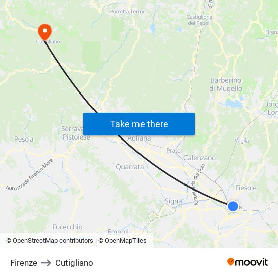 Firenze to Cutigliano map