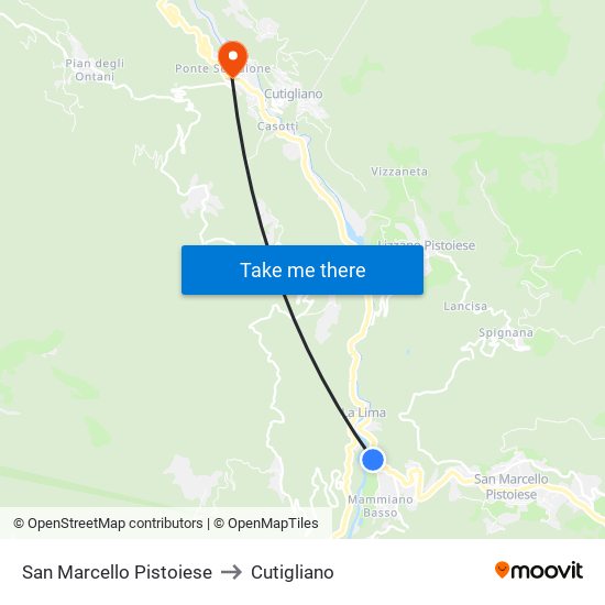 San Marcello Pistoiese to Cutigliano map