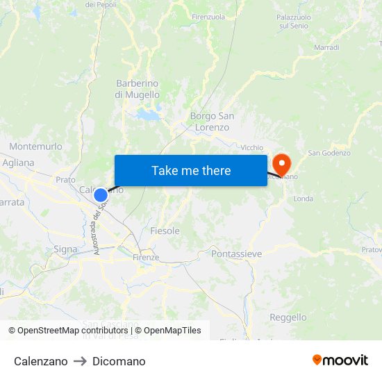 Calenzano to Dicomano map