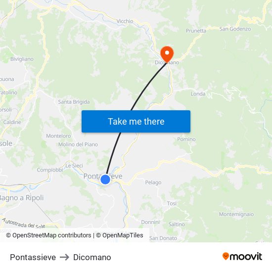 Pontassieve to Dicomano map